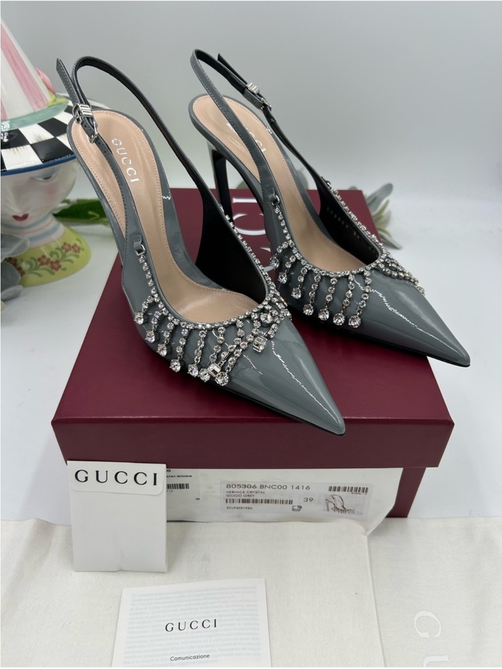 Gucci Guinevere Patent Leather Crystal-Trim Slingback Pumps. Size 9